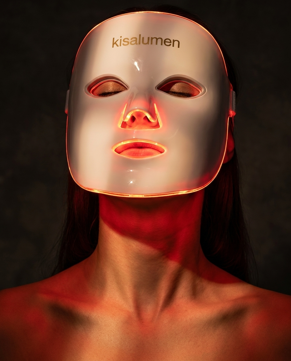 Máscara LED facial KisaLumen para terapia de belleza, con luces multicolores y alta intensidad de 1072 mW/cm².