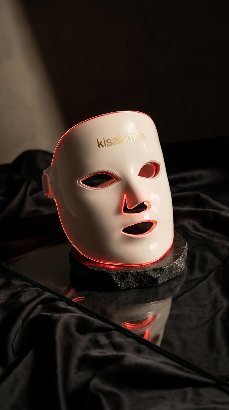 Máscara LED facial KisaLumen con luz multicolor para tratamientos de belleza, mostrando la máscara en uso en la piel.